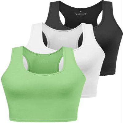 Workout Crop Tops for Women Tank Top Cropped Athletic Shirt Racerback Tanks Sleeveless Undershirt Fitted Summer Tops Gym Exercise Clothes Work Out Running Activewear 3 Pack Black/White/Green L