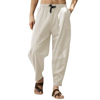 GOKKILRW Mens Cotton Linen Pants Drawstring Elastic Waist Lightweight Casual Pants Slim Fit Yoga Beach Pants with Pockets(Beige,Large)
