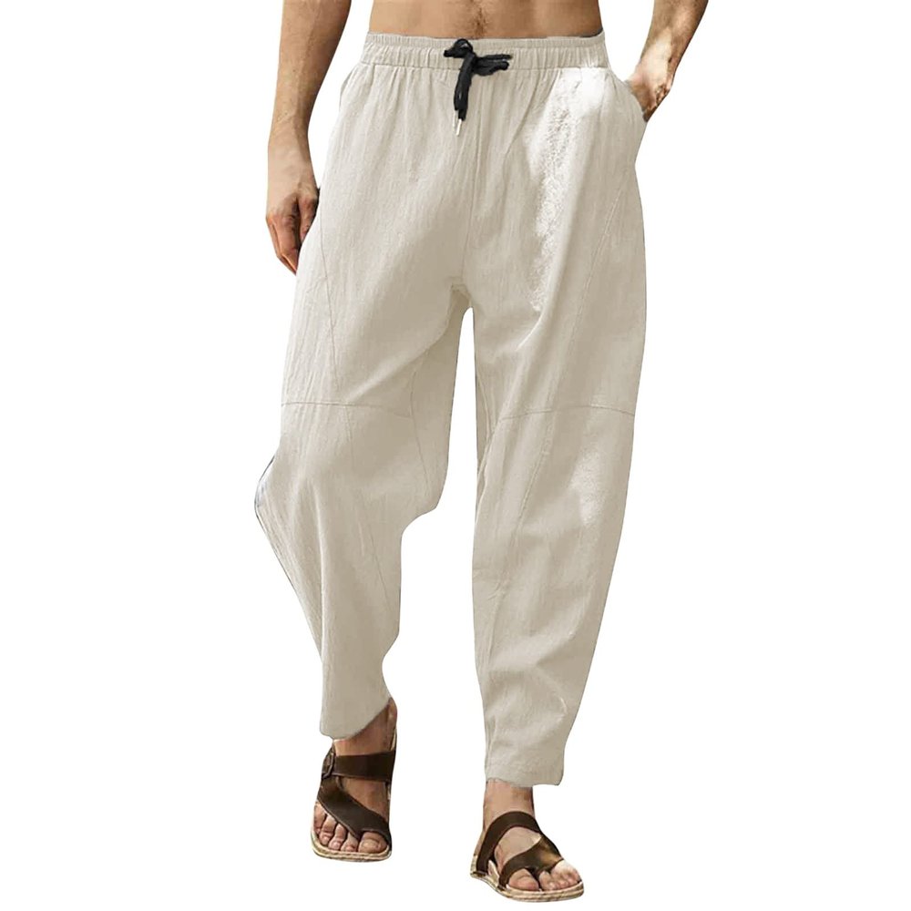 GOKKILRW Mens Cotton Linen Pants Drawstring Elastic Waist Lightweight Casual Pants Slim Fit Yoga Beach Pants with Pockets(Beige,Large)