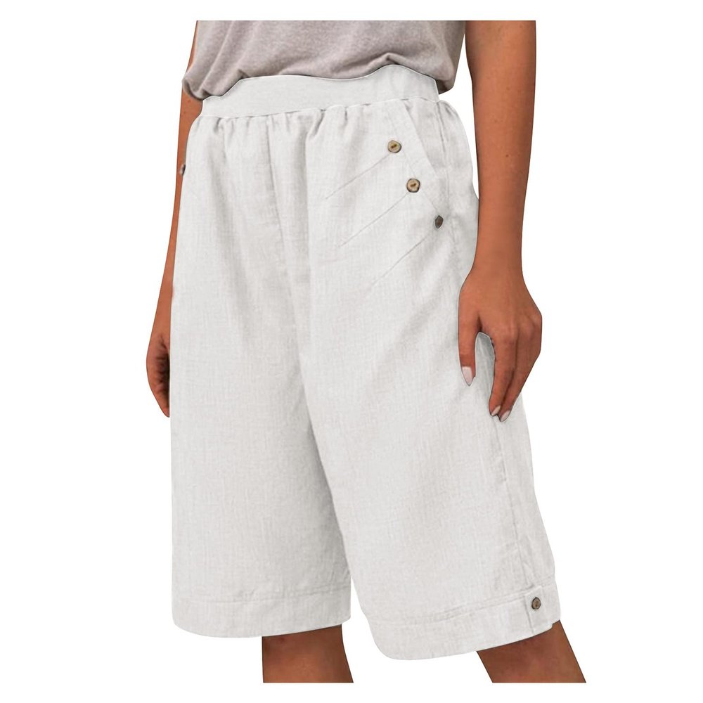 GOKKILRW Bermuda Shorts for Women Casual Elastic Waist Knee Length Cotton Linen Summer Shorts Comfy Loose Yoga Lounge Shorts(White,Large)