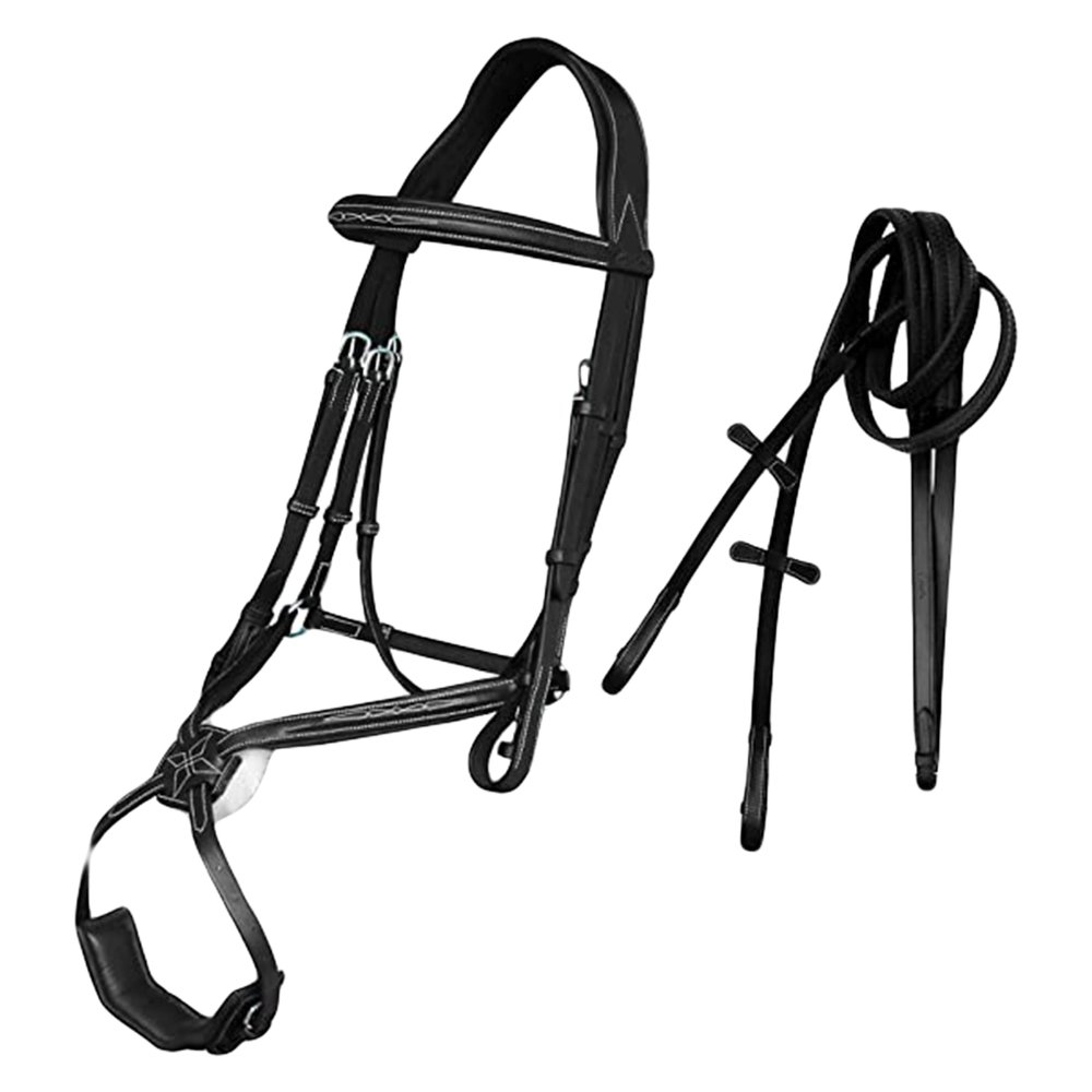 Fancy Soft Lined Bridle with Rubber Rein for Horses Square Raised Double Buckle Leather Horse Halter