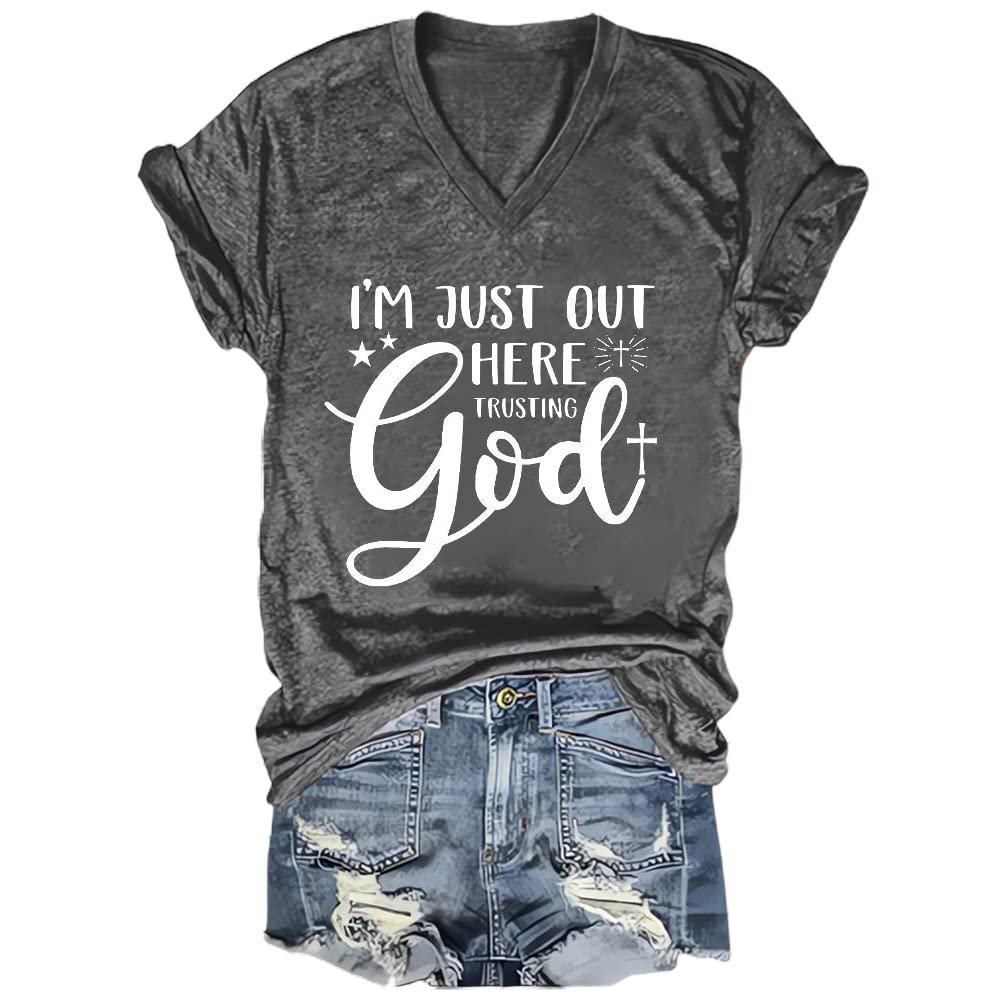 Womens Faith I'm Just Here Trusting God Cross Print Tshirt Im Just Out Here Trusting God Shirt Sweat Shirt Sweatshirt,Plus Size Women T-Shirt Cross Faith Blessed,Womens Christian T Dark Gray