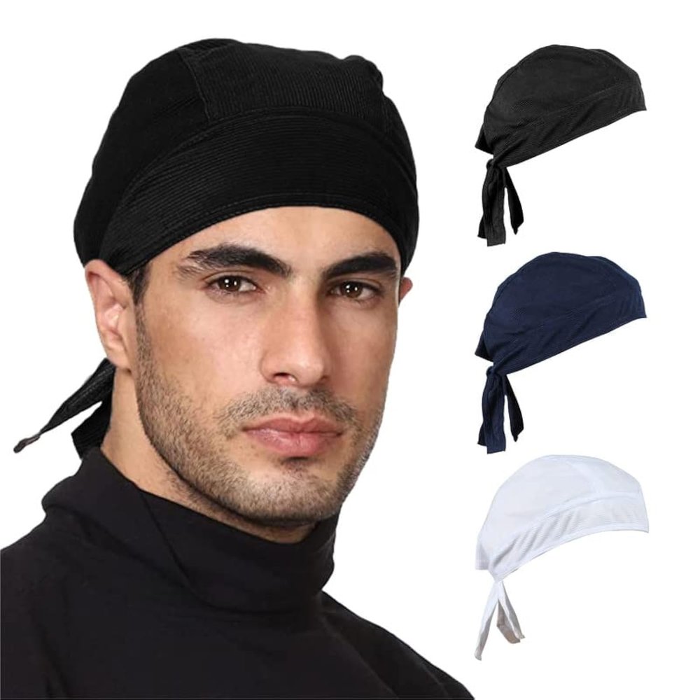 3 Pack Sweat Wicking Do Rag Cooling Beanie Helmet Liner Dew Rag Head Scarf, Bandana, Head Wrap, Motorcycle, Cycling (Black, Blue, White)