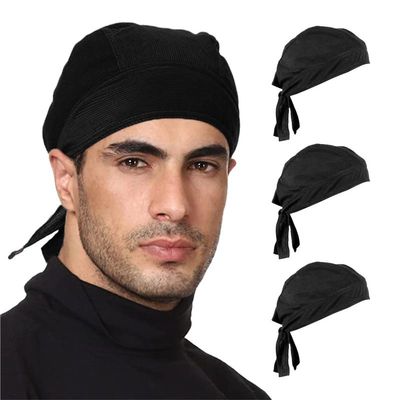 3 Pack Sweat Wicking Do Rag Cooling Beanie Helmet Liner Dew Rag Head Scarf, Bandana, Head Wrap, Motorcycle, Cycling (3 Black)