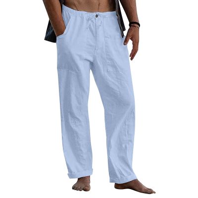 Mens Casual Linen Pants Loose Fit Straight-Legs Elastic Drawstring Waist Summer Beach Yoga Long Pants Trousers(Light Blue, 4X-Large) HQ506