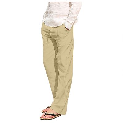 Men's Linen Pants Casual Long Pants - Loose Lightweight Drawstring Yoga Beach Summer Trousers(Khaki, Medium) HQ253