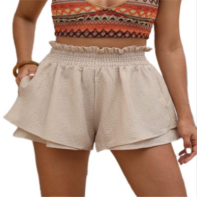 CRTGW Shorts for Women Paperbag Waist Wide Leg Shorts (Color : Apricot, Size : X-Small)