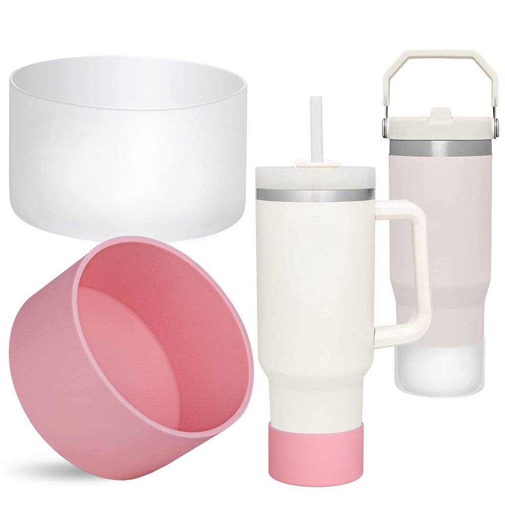 QIANHAI Silicone Boots for Stanley Quencher Adventure 40oz Tumbler with Handle & Stanley IceFlow 30oz 20oz, Protective Bottle Bottom Non-Slip Sport Water Bottle Accessories (1Clear1Pink)