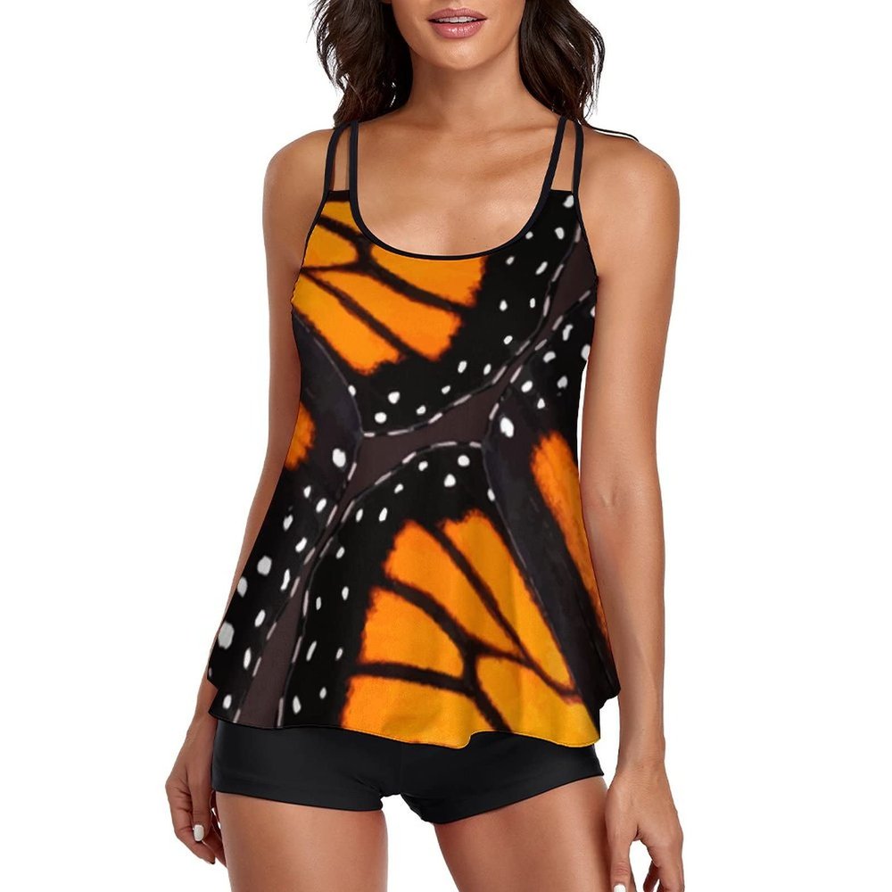 Orange Monarch Butterfly Wings Tankini Swimsuits for Women 2 Pieces Bathing Suits Tank Top with Boyshorts XXXL