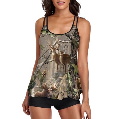 Camo Deer Camouflage Hunting Tankini Swimsuits for Women 2 Pieces Bathing Suits Tank Top with Boyshorts M