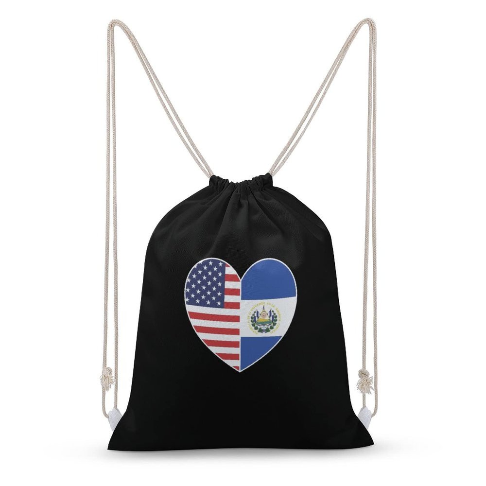 El Salvador and America Flag Heart Drawstring Backpack Canvas String Bag Printing Sport Sack Gym Sackpack 30x40cm