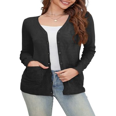 a.Jesdani Women Sweaters Long Sleeve Button Down V Neck Soft Black Cardigan for Women 2XL Plus