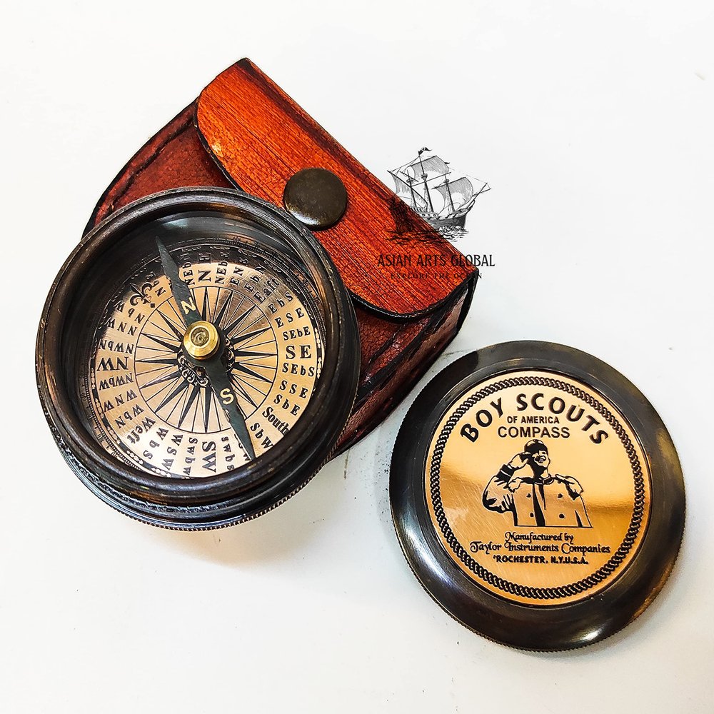 Asian Arts Global VINTORIA Brass Magnetic Compass with Leather Box | Antique Collectible, Handcrafted Directional Compass for Navigation, Home Dcor