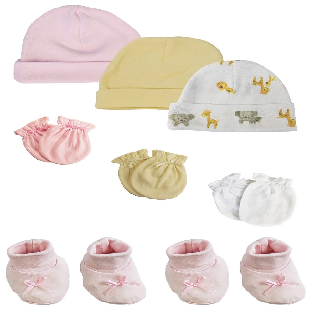 Bambini Preemie Baby Girl Caps with Infant Mittens and Booties - 8 Pack NC_0225 by Miracle USA White/Pink