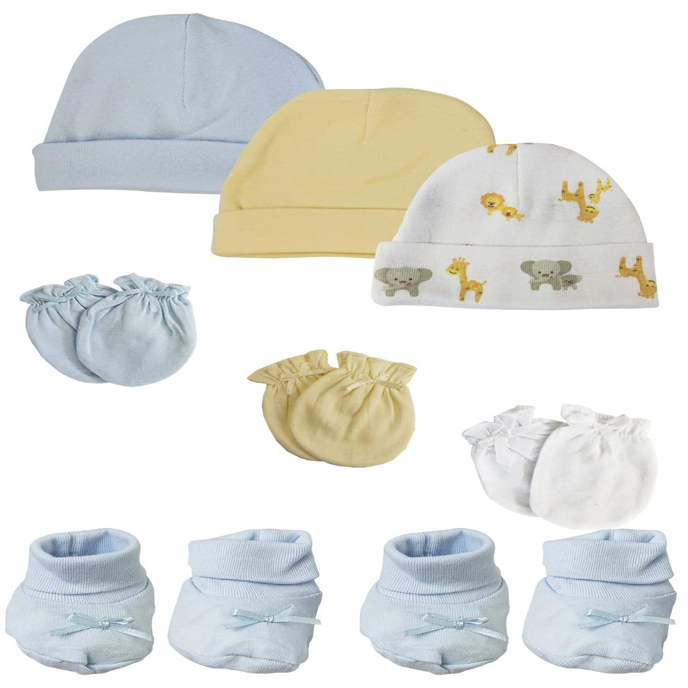 Bambini Preemie Baby Boy Caps with Infant Mittens and Booties - 8 Pack NC_0223 by Miracle USA White/Blue