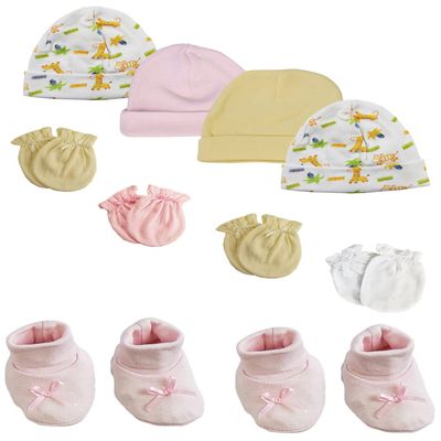 Bambini Preemie Baby Girl Caps with Infant Mittens and Booties - 10 Pack NC_0215 by Miracle USA White/Pink