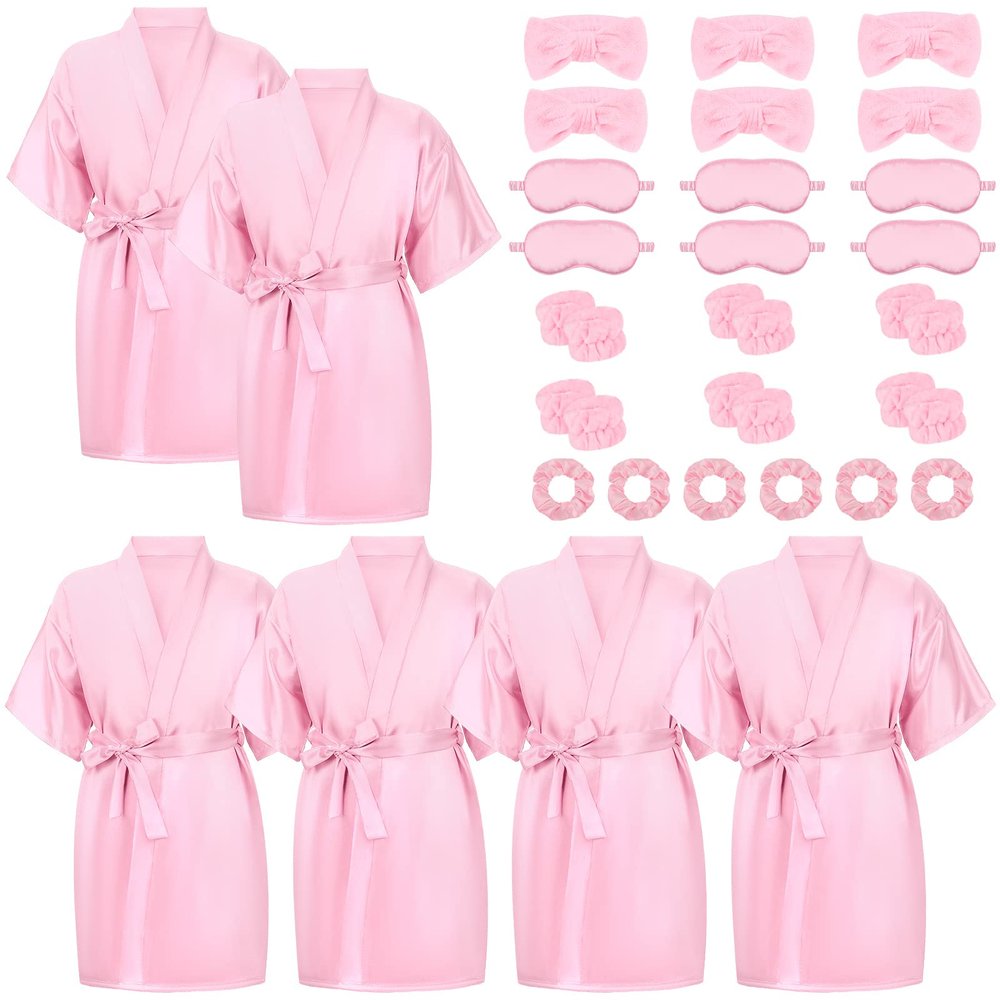 Zhanmai 36 Pcs Spa Party Supplies 6 Spa Robes 6 Headband 6 Blindfolds 6 Scrunchies 12 Wristbands for Birthday, Pink, Size 10