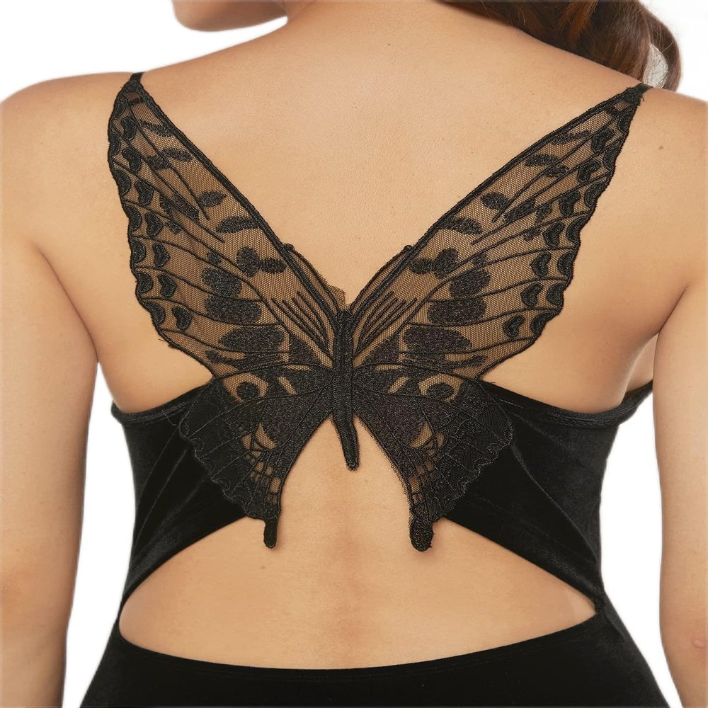 2023 Women's Dresses Butterfly Lace Insert Open Back Velvet Bodycon Dress Women's Dresses (Color : Black, Size : Large)