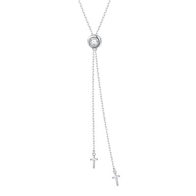 Ladytree Long Chain Necklace Sterling Silver Cross Y Lariat Necklace Round Cubic Zirconia Statement Sweater Necklaces for Women Mother Daughter Easter Jewelry