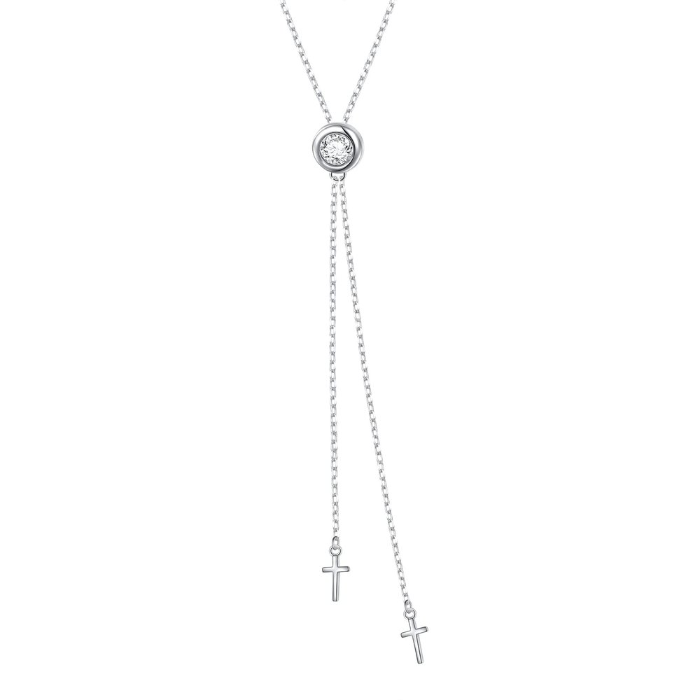 Ladytree Long Chain Necklace Sterling Silver Cross Y Lariat Necklace Round Cubic Zirconia Statement Sweater Necklaces for Women Mother Daughter Easter Jewelry