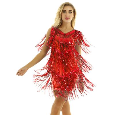 Sywiyi Womens 1920s Flapper Dress Tassels Sequined Sleeveless V-Neck Ballroom Samba Tango Latin Dance Costume Red A X-Large