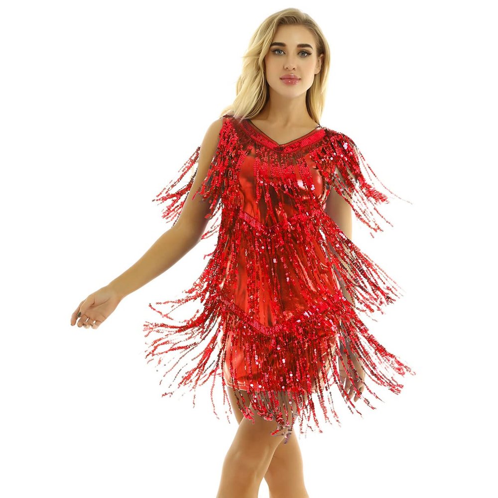 Sywiyi Womens 1920s Flapper Dress Tassels Sequined Sleeveless V-Neck Ballroom Samba Tango Latin Dance Costume Red A X-Large