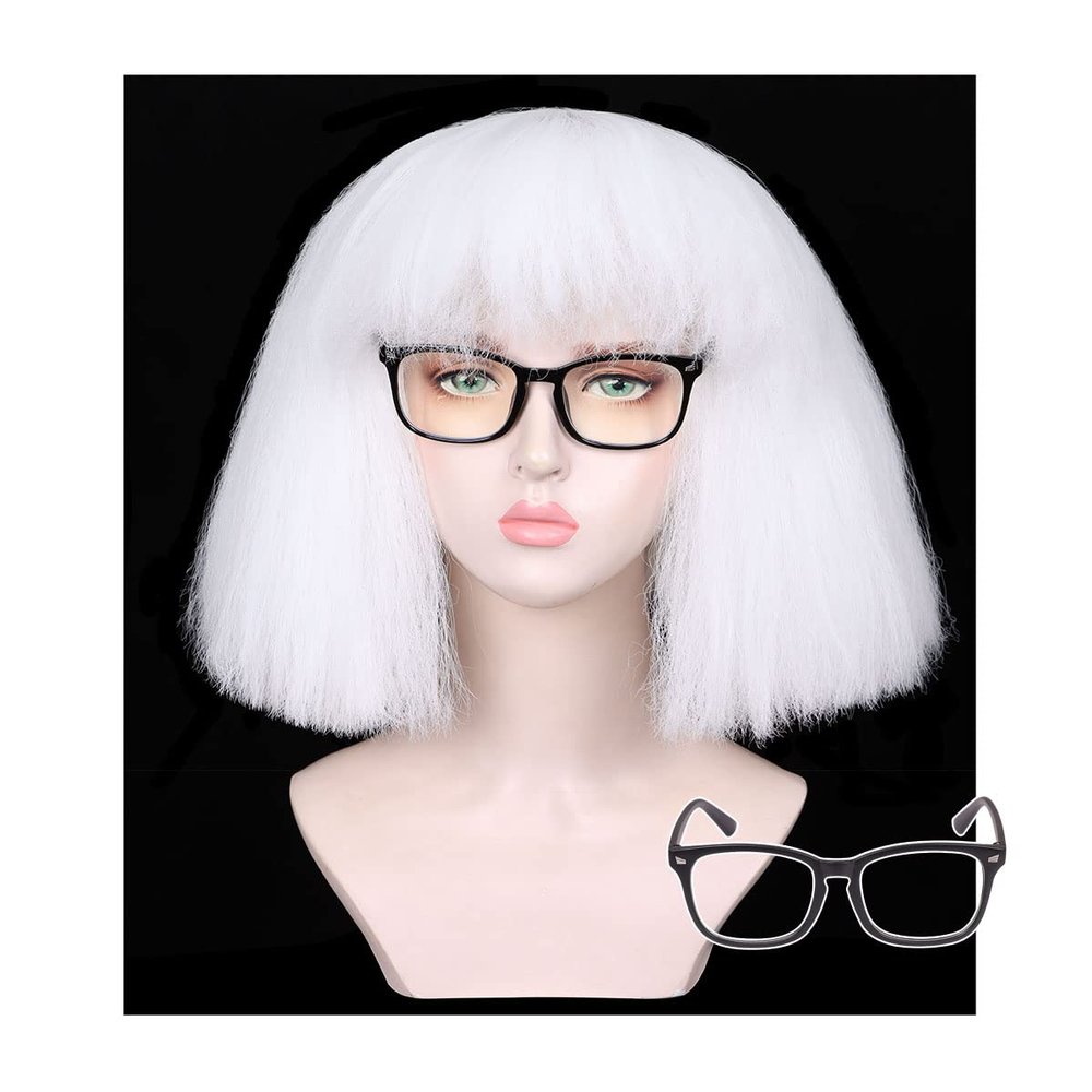ColorGround Short White Cosplay Wig with Glasses for Halloween