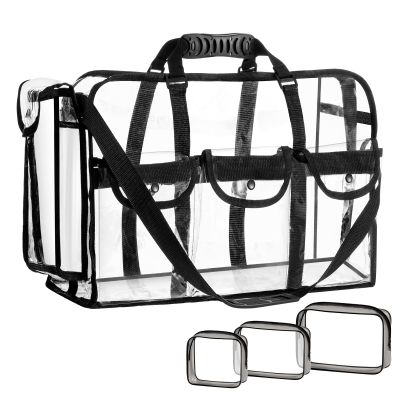 Sanwuta Large Clear Duffle Bag 20 x 12 x 7 Inch See Through Makeup Tote Bag with Pockets and 3 Small Cosmetic Pouch Transparent Toiletry Organizer for Travel Work Artist Gym Sport Stadium Event