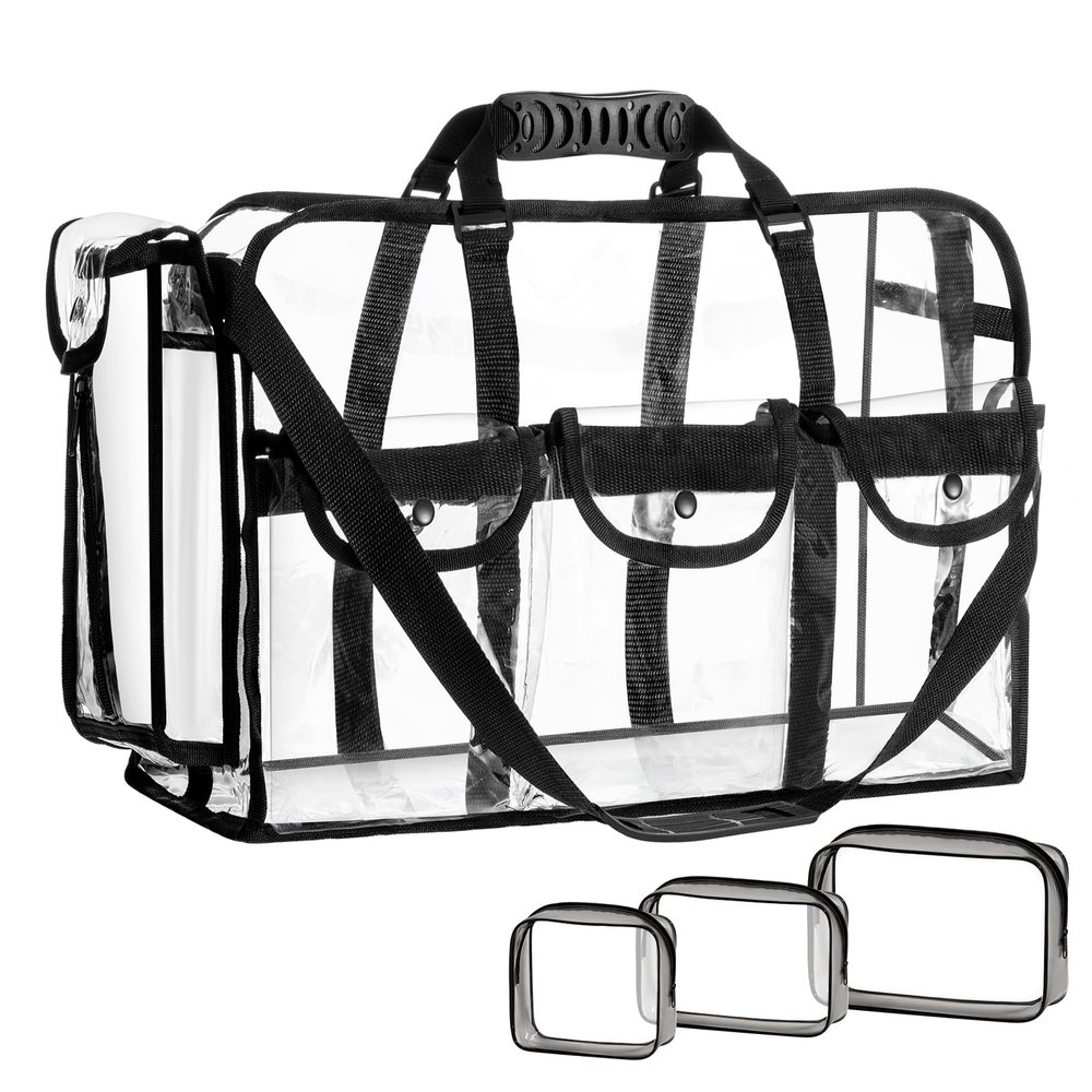 Sanwuta Large Clear Duffle Bag 20 x 12 x 7 Inch See Through Makeup Tote Bag with Pockets and 3 Small Cosmetic Pouch Transparent Toiletry Organizer for Travel Work Artist Gym Sport Stadium Event