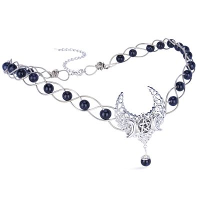 CoTeeZa Silver Moon Viking Crown Medieval Fairy Circlet Renfaire Vintage Headband Celtic Headpiece Braided V-shaped Natural Crystal Tiara Renaissance Costume Accessory for Wedding Rave Party