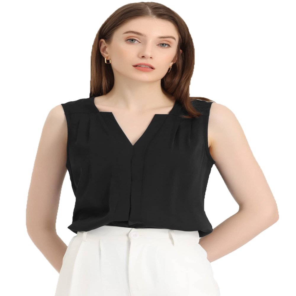 Allegra K Sleeveless Work Top for Women's Elegant Pleated V Neck Blouse Shirt Tank Top Small Black
