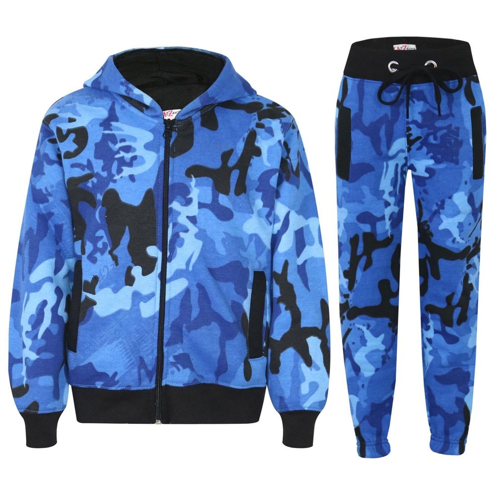 A2Z 4 Kids Unisex Plain Tracksuit Hoodie with Joggers Jogging Sweatpants Set - T.S Plain Camo Blue 11-12