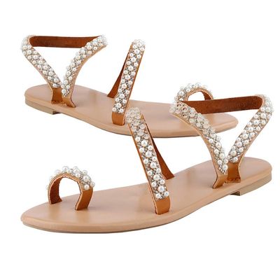 Flat Sandals for Women Dressy Summer,Sandals for Women Thong,Boho Bling Rhinestone Pearl Sandals Flip Flop Shoes