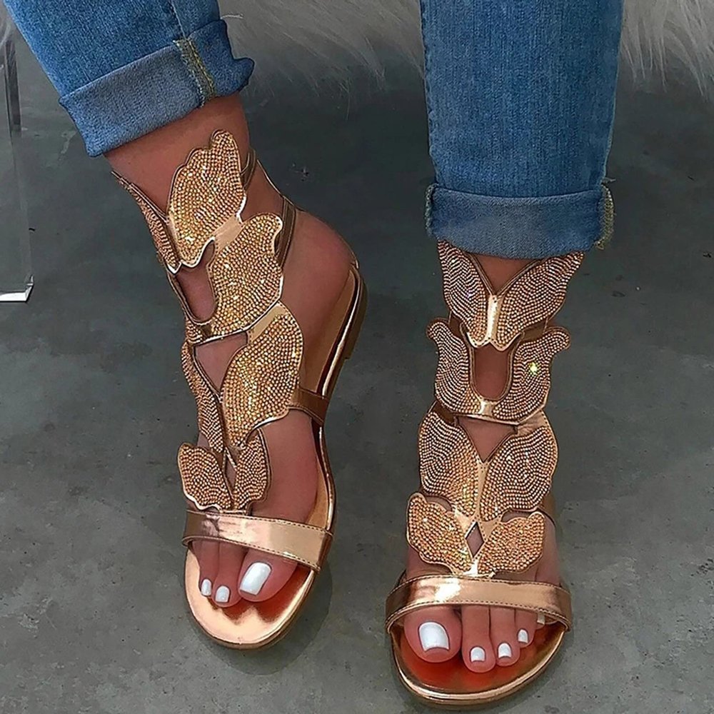 Comfortable Sandals for Women Dressy Flat,Summer Bohemian Rhinestone Walking Shoes Non Slip Roman Beach Sandal