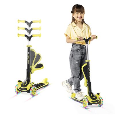 3 Wheel Scooter for Kids with Foldable Seat, Adjustable Handlebar Height, Lean-to-Steer Ride On Toy for Kids Ages 2+, Light-Up LED Wheels, Wide Anti Slip Deck, Indoor & Outdoor Use, Yellow