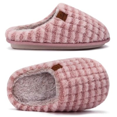 COFACE Mens Pink Flano Plaid Cozy Memory Foam scuff Slippers Slip On Warm House Shoes Indoor/Outdoor With Best Arch Support Size 9
