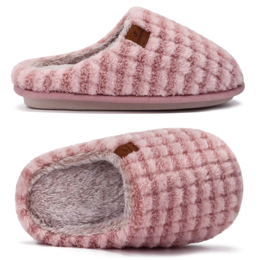 COFACE Mens Pink Flano Plaid Cozy Memory Foam scuff Slippers Slip On Warm House Shoes Indoor/Outdoor With Best Arch Support Size 9