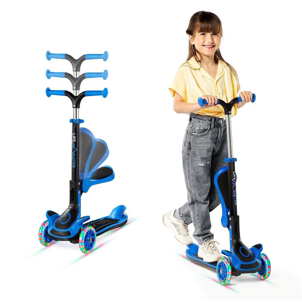 3 Wheel Scooter for Kids with Foldable Seat, Adjustable Handlebar Height, Lean-to-Steer Ride On Toy for Kids Ages 2+, Light-Up LED Wheels, Wide Anti Slip Deck, Indoor & Outdoor Use, Blue