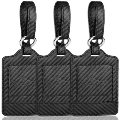 3 Pack Luggage Tags - Quick Install, Privacy Protection, Airplane Travel Essentials for Suitcases, Durable Leather - Carbon Fiber Black