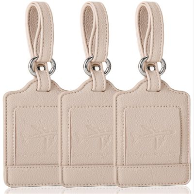 3 Pack Luggage Tags - Quick Install, Privacy Protection, Airplane Travel Essentials for Suitcases, Durable Leather - Lichee Beige