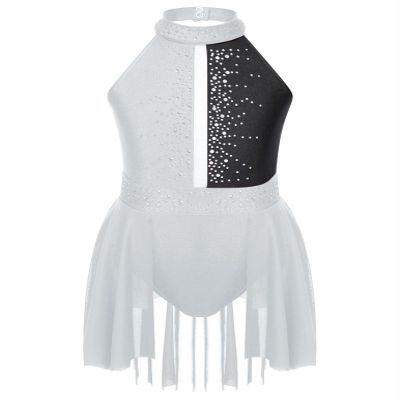 TSSOE Kids Girls Sleeveless Halter Shiny Sequins Lyrical Dance Dress Ballet Leatard Figure Skating Dress White 16 Years
