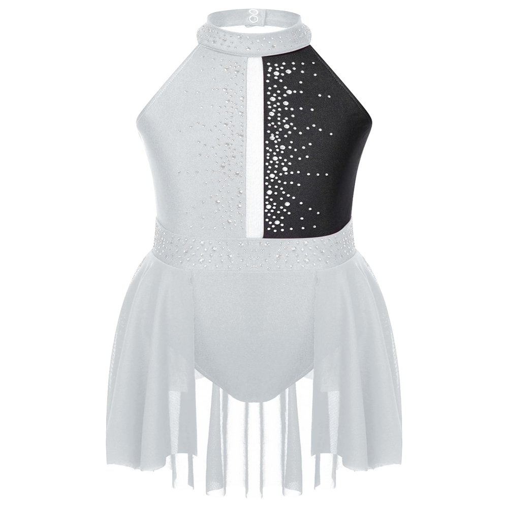 TSSOE Kids Girls Sleeveless Halter Shiny Sequins Lyrical Dance Dress Ballet Leatard Figure Skating Dress White 16 Years