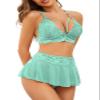 PITINAN Sexy Lingerie for Women Naughty 3 Piece Lace Bralette, Mini Skirt with G-String Teddy Lingerie with Skirt Green M view 1