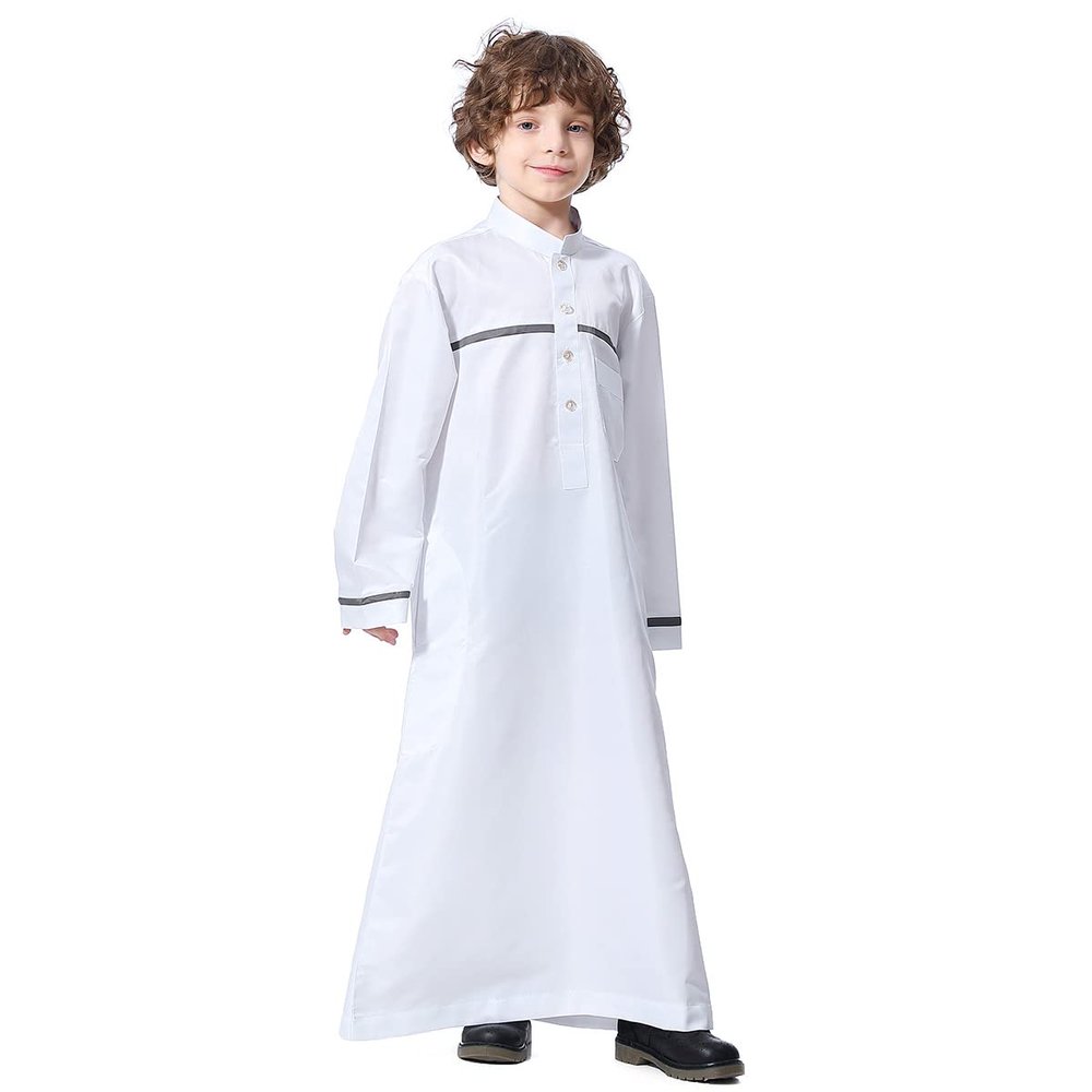 Muslim Boys Thobe - Long Sleeve Kaftan Islamic Robes Long Top Dress Abayas for Kids Ramadan Eid Clothes Jubba Dishdasha White 7-8 Years