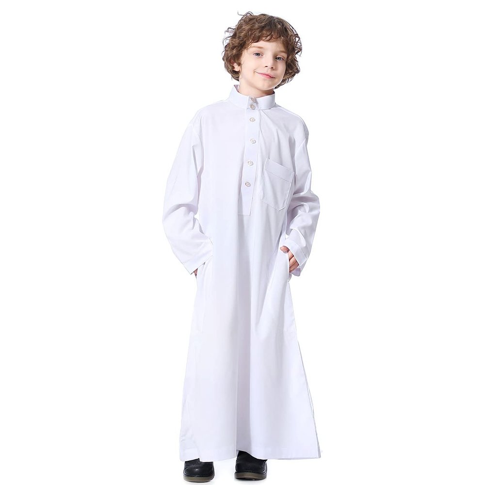 Thobe for Boys Ramadan Muslim Dress Long Sleeve Middle East Arabic Kaftan Set Loose Pants Traditional Middle Eastern Clothing Dubai Abayas White 13-14 Years