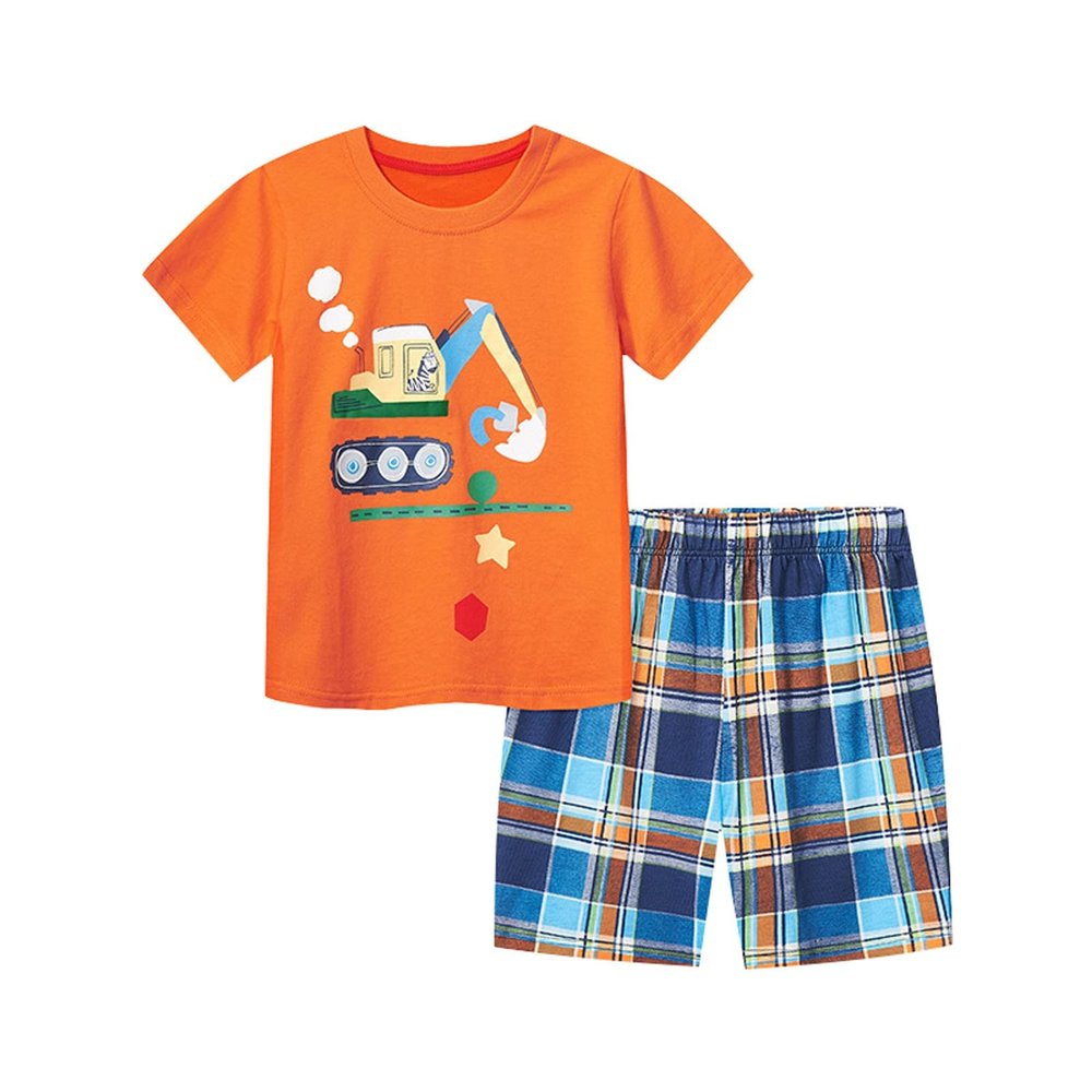 Summer Children's Short Sleeved Shorts Two Piece Knitted Cotton Cartoon Excavator Toddler Summer (Orange, 2-3 Years)