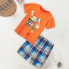 Summer Children's Short Sleeved Shorts Two Piece Knitted Cotton Cartoon Excavator Toddler Summer (Orange, 2-3 Years) view 4