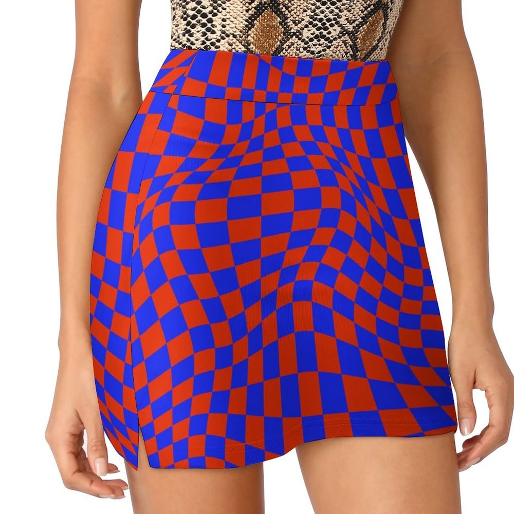 DENFY Psychedelic Red and Blue Chessboard Women's Tennis Skirts Inner Shorts Elastic Sports Golf Skorts with Pockets