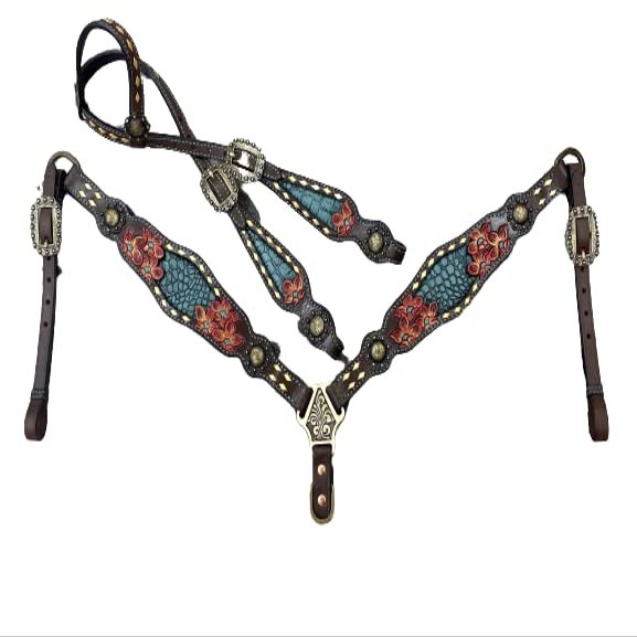 MOUSM Genuine Attractive Horse Argentina Cow Leather Western Horse Bridle Headstall Breast Collar Set (Full)