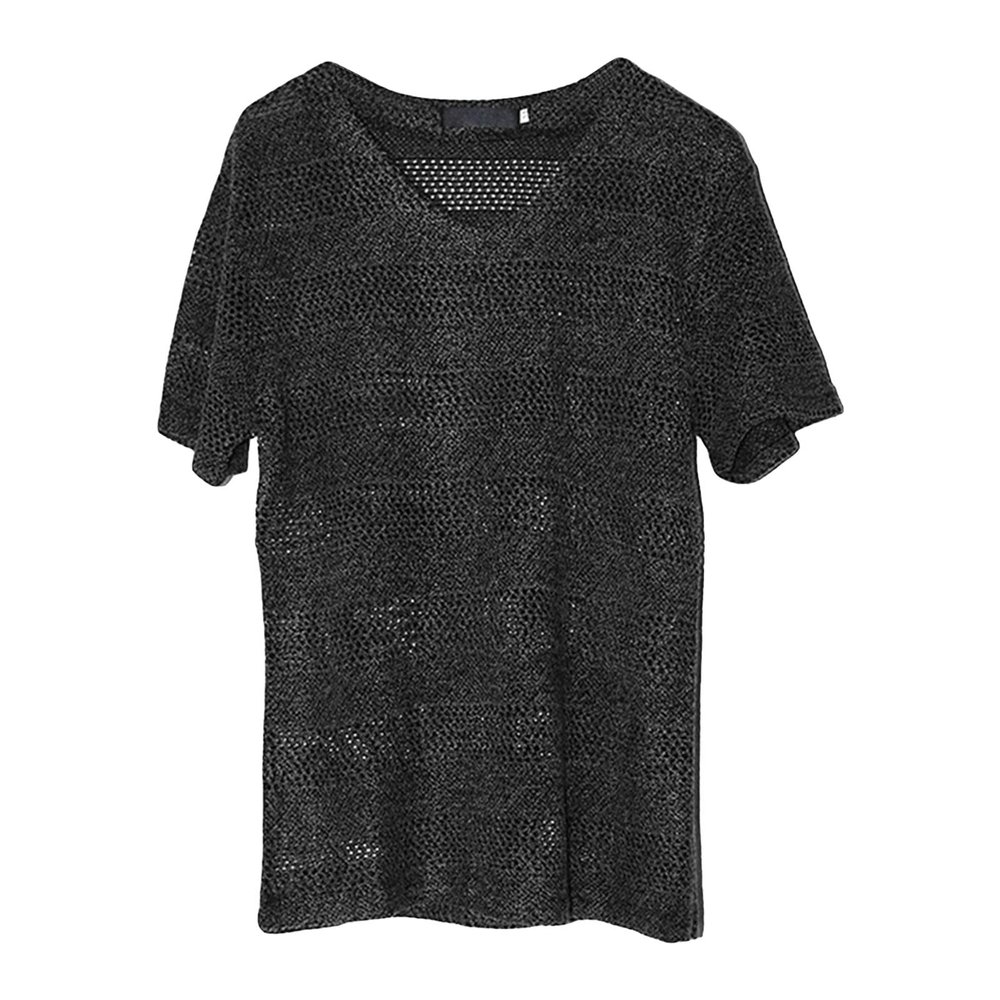 JEsilunmaMY Men's Hollow Mesh Beach T-Shirt Short Sleeve V Neck See Through Hipster Tee Solid Color Breathable Loose T-Shirts (US Size M Asia L,Black)